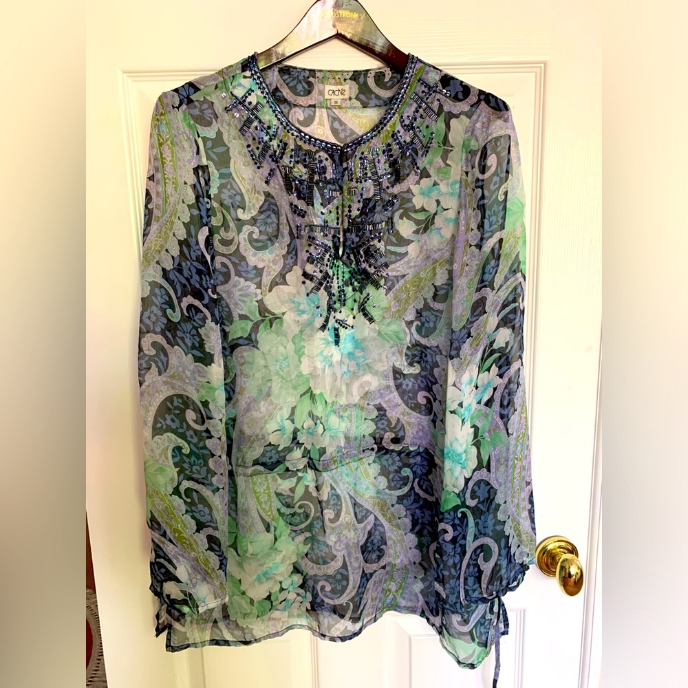 CACHE 💯% Silk Tunic Blue/Green Crewneck Peephole Front, Hook, Drawstring Hips L